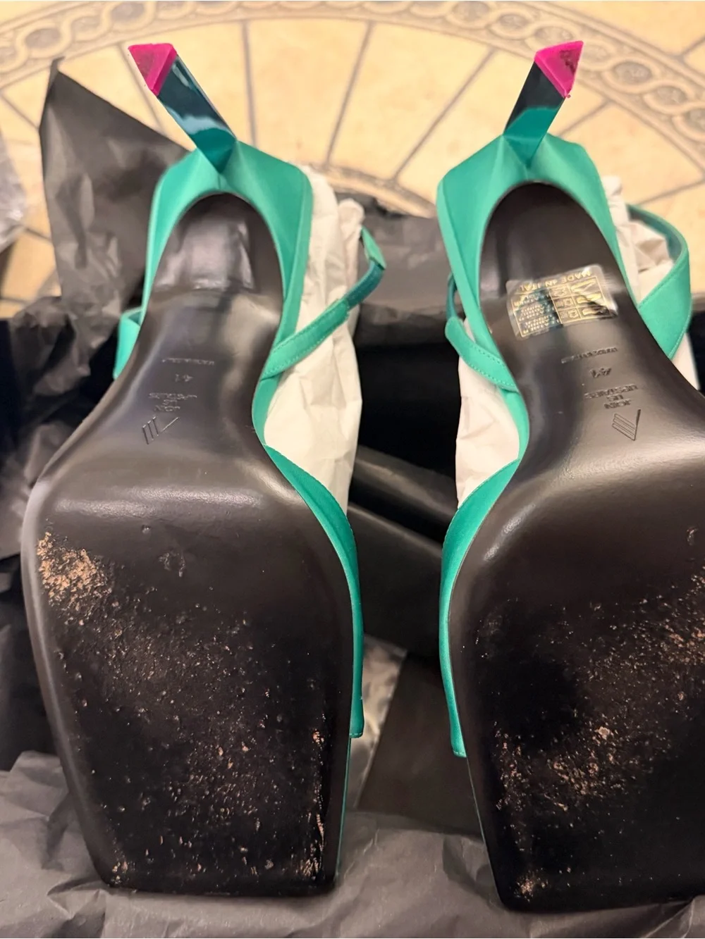 The Attico Teal Satin Slingback Heels